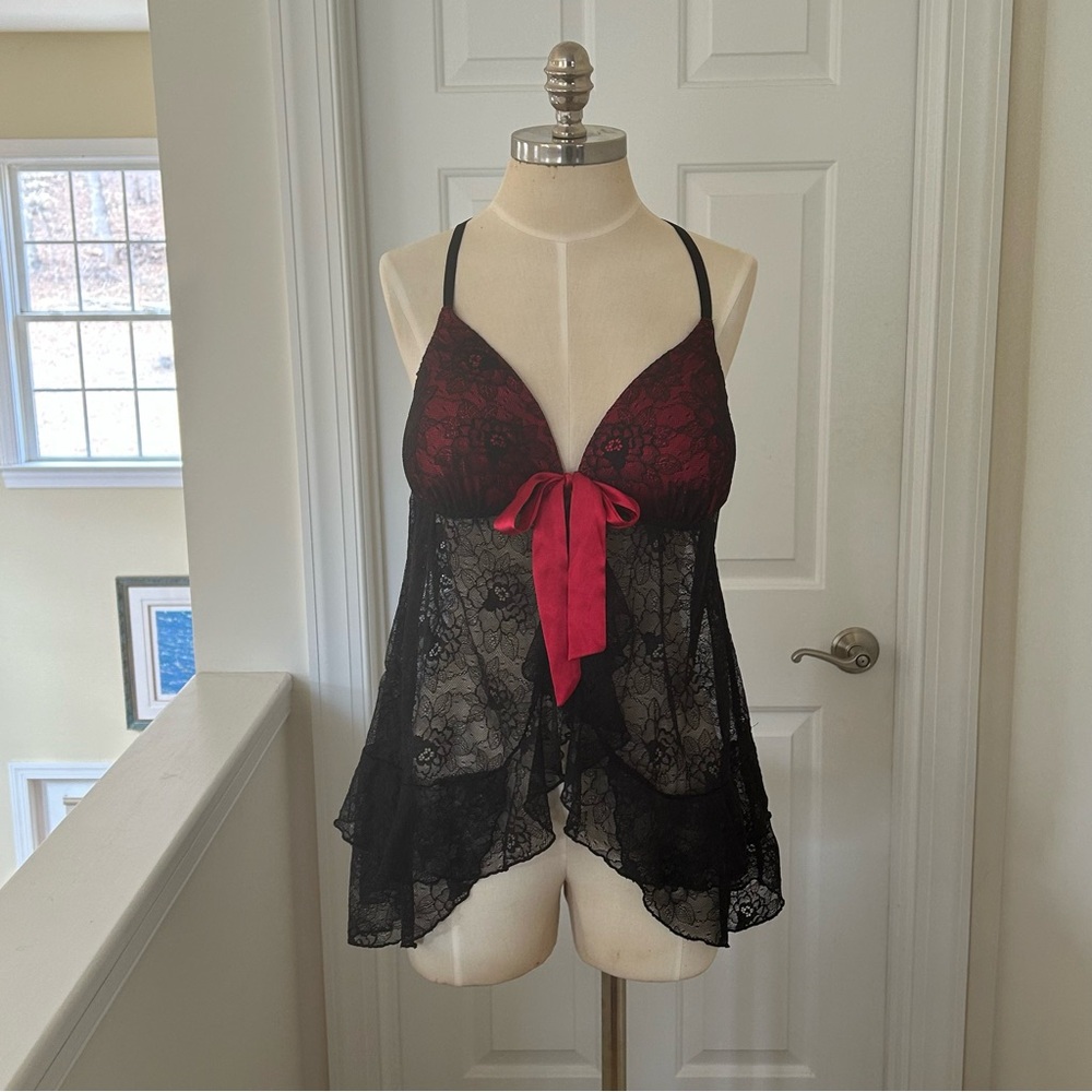 APT 9 Black lace lingerie top with red bow detail